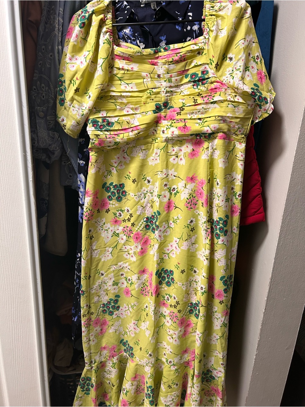 tokyo Darling Lime Green Floral Midi Dress with Puff Sleeves